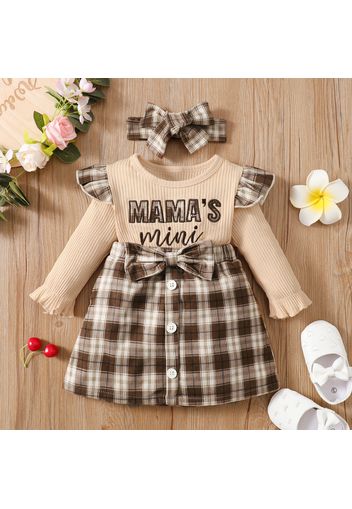 2pcs Baby Girl Long-sleeve Letter Embroidered Rib Knit Spliced Plaid Bow Front Dress with Headband Set