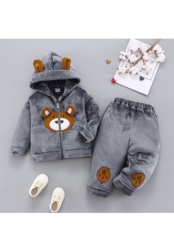 2-piece Toddler Girl/Boy Bear Embroidered Zipper Hooded Fuzzy Coat and Pants Set