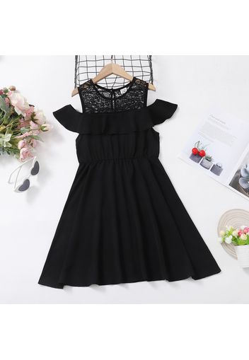 Kid Girl Lace Design Cold Shoulder Solid Color Short-sleeve Dress