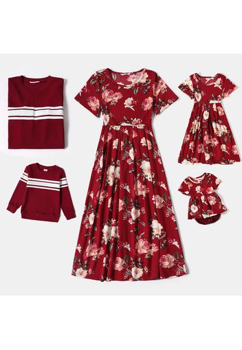 Family Matching Allover Floral Print Short-sleeve Dresses and Contrast Striped Long-sleeve Sweatshirts Sets