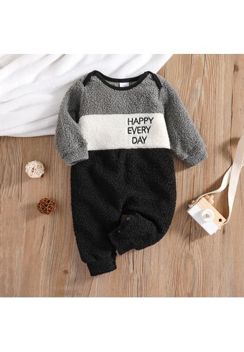 100% Cotton Baby Boy Letter Embroidered Colorblock Fuzzy Fleece Jumpsuit