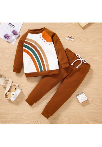 2-piece Toddler Girl Rainbow Sun Print Raglan Sleeve Sweatshirt and Bowknot Design Solid Color Pants Set