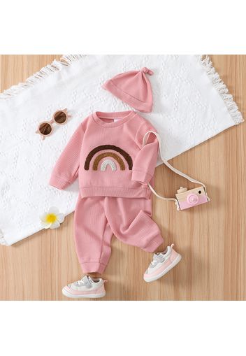 3pcs Baby Boy/Girl Rainbow Design Waffle Long-sleeve Sweatshirt and Pants with Hat Set