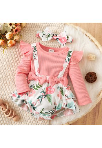 2pcs Baby Girl 95% Cotton Ribbed Ruffle Long-sleeve Faux-two Floral Print Romper with Headband Set