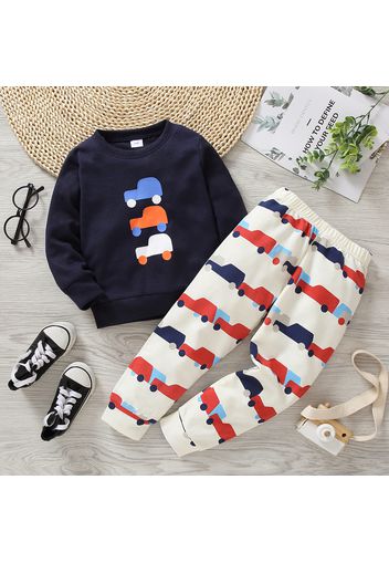 2-piece Toddler Boy Vehicle Car Print Pullover Sweatshirt and Pants Casual Set