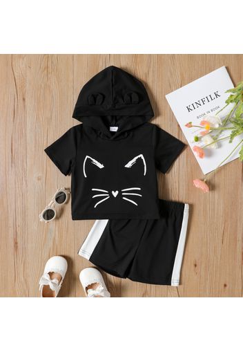 2-piece Toddler Girl Cat Print Hooded Short-sleeve Tee and Colorblock Elasticized Shorts Set