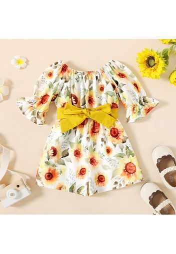 Toddler Girl Floral Print Bell sleeves Belted Romper