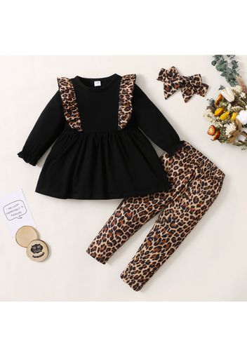 3-piece Toddler Girl Leopard Print Ruffled Long-sleeve Black Top, Elasticized Pants and Headband Set