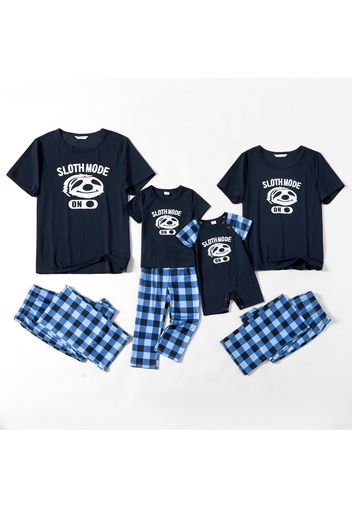 Family Matching Letter and Blue Plaid Print Short-sleeve Pajamas Set(Flame Resistant)