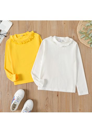 Kid Girl Sweet Ruffled Solid Long-sleeve Tee