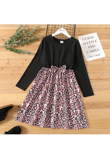 Kid Girl Bowknot Design Leopard Print Splice Long-sleeve Dress