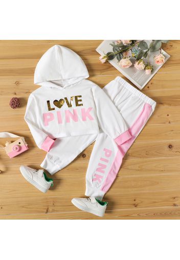 2-piece Toddler Girl Letter Heart Print Crop Hoodie and Elasticized Colorblock Pants Set