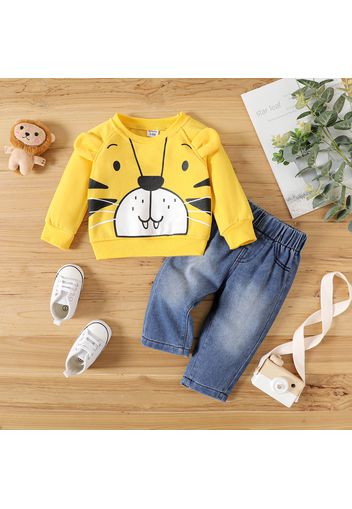 2pcs Baby Boy/Girl Tiger Print Long-sleeve Sweatshirt and Jeans Set