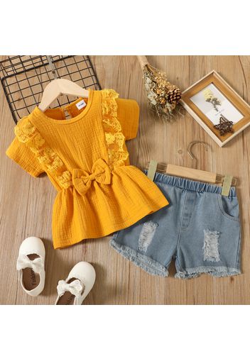 2pcs Toddler Girl Ruffled Lace Bowknot Design Peplum Ginger Top and Ripped Denim Shorts Set