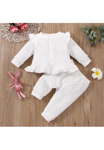 2pcs Baby Girl Solid Cable Knit Textured Long-sleeve Ruffle Top and Trousers Set