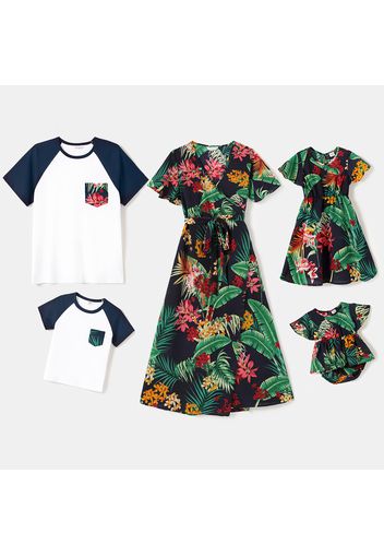 Family Matching Plant Print V Neck Short Ruffle Sleeve Dresses and Raglan Sleeve T-shirts Sets