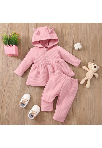 2pcs Baby Girl Pink Textured Rabbit Ears Hooded Long-sleeve Snap-up Top and Trousers Set