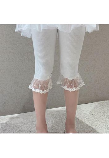 Kid Girl Solid Color Lace Design Ribbed Elasticized Leggings