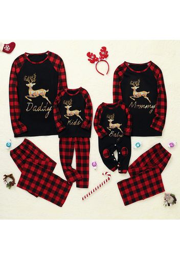 Christmas Reindeer and Letter Print Family Matching Red Plaid Raglan Long-sleeve Pajamas Sets (Flame Resistant)