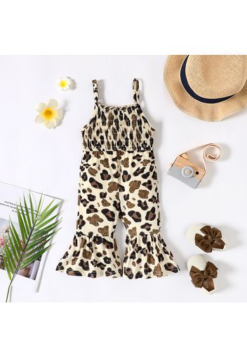 Baby Girl Allover Leopard Print Sleeveless Spaghetti Strap Shirred Bell Bottom Jumpsuit