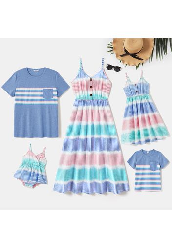 Family Matching Tie Dye V Neck Spaghetti Strap Dresses and Striped Short-sleeve T-shirts Sets