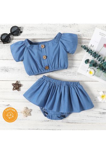 100% Cotton 2pcs Baby Girl Button Front Solid Denim Short-sleeve Crop Top and Shorts Set