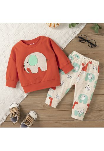 2pcs Baby Cartoon Elephant Pattern Long-sleeve Cotton Pullover and Trousers Set