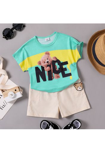 2pcs Baby Boy 100% Cotton Shorts and Cartoon Bear Letter Print Colorblock Short-sleeve T-shirt Set