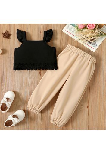 2pcs Toddler Girl Ruffled Lace Design Black Camisole and Elasticized Khaki Pants Set