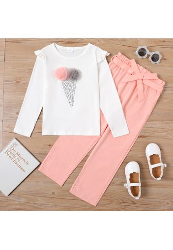 2-piece Kid Girl 3D Floral Design Geo Pattern Ruffled Long-sleeve White Tee and Belted Paperbag Pink Pants Set