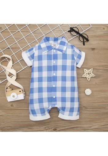 100% Cotton Baby Boy Blue and White Plaid Short-sleeve Snap Romper