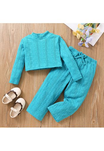 2pcs Toddler Girl Mock Neck Textured Long-sleeve Blue Tee and Bowknot Design Pants Set