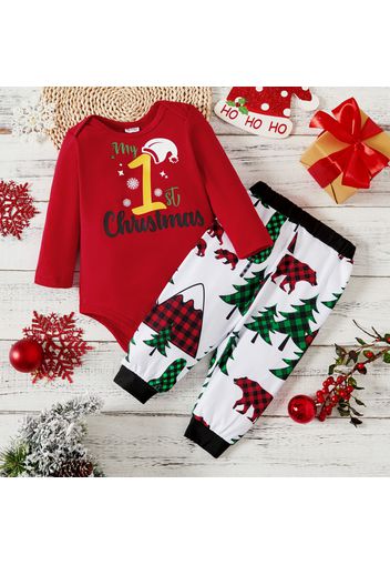 Christmas 2pcs Baby Boy/Girl Letter Print Red Long-sleeve Romper and Trousers Set