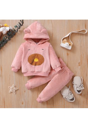 2pcs Baby Boy/Girl Thickened Fuzzy Cartoon Animal Pattern Long-sleeve Hoodie and Trousers Set