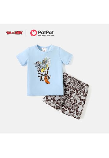 Tom and Jerry 2pcs Toddler Boy Letter Print Short-sleeve Cotton Tee and Allover Print Shorts Set