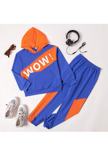 2-piece Kid Boy Letter Print Colorblock Hoodie Sweatshirt and Elasticized Pants Casual Set