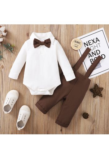 2pcs Gentleman Baby Lapel Bow Tie Long-sleeve Romper and Overalls Set