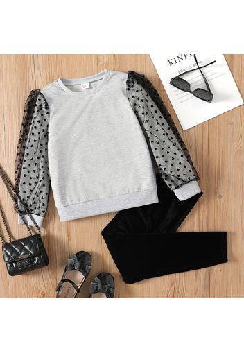 2pcs Kid Girl Heart Print Mesh Design Sweatshirt and Velvet Black Leggings Set