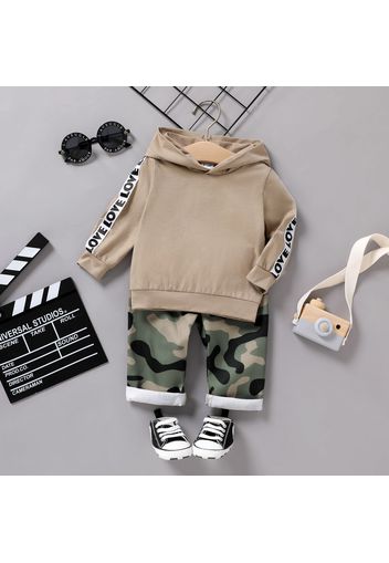 2pcs Baby Boy Letter Print Webbing Long-sleeve Hoodie and Camouflage Pants Set