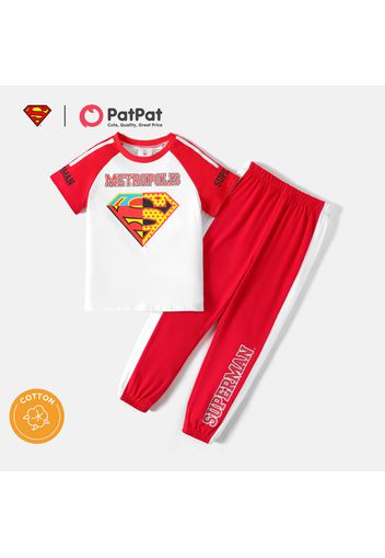 Superman 2pcs Kid Boy Letter Print Short Raglan Sleeve Cotton Tee and Elasticized Pants Set