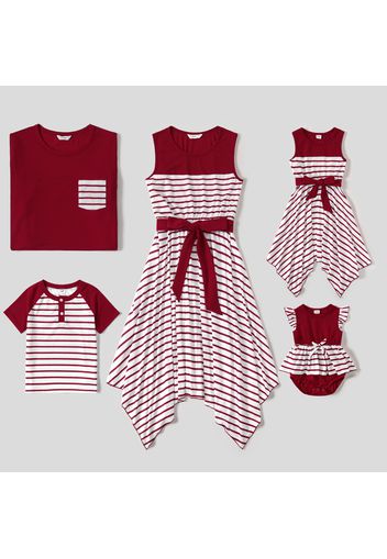 Family Matching Red Striped Irregular Hem Sleeveless Splicing Dresses and T-shirts Sets