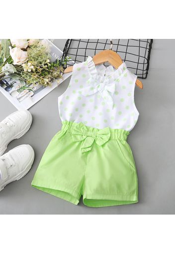 2pcs Baby Girl Green Polka Dots Sleeveless Bowknot Top and Shorts Set