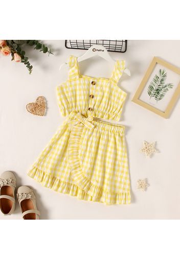 2-piece Kid Girl Plaid Ruffled Button Design Camisole and Bowknot Design Wrap Skirt Set