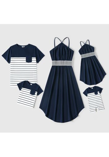 Family Matching Solid Spaghetti Strap Dresses and Striped Colorblock Short-sleeve T-shirts Sets