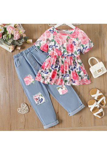 2pcs Kid Girl Floral Print Short-sleeve Peplum Tee and Patchwork Ripped Denim Jeans Set