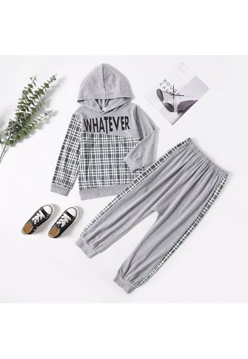 2-piece Kid Boy Letter Print Plaid Hoodie Sweatshirt and Elasticized Pants Gray Set