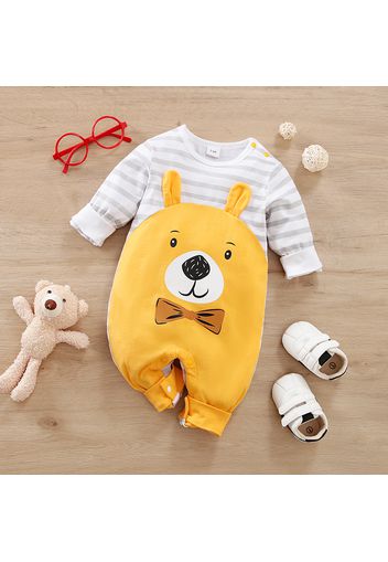 100% Cotton Baby Boy Long-sleeve Striped Spliced Bear Print 3D Ears Design Jumpsuit