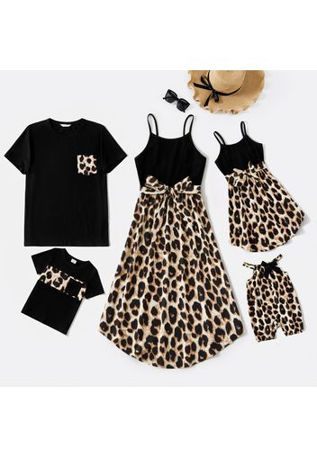 Family Matching 95% Cotton Short-sleeve T-shirts and Rib Knit Spliced Leopard Belted Cami Dresses Sets