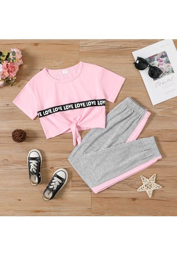 2-piece Kid Girl Letter Print Tie Knot Tee and Colorblock Elasticized Pants Set