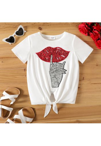 Kid Girl Lips Sequined Design Tie Knot Short-sleeve Tee